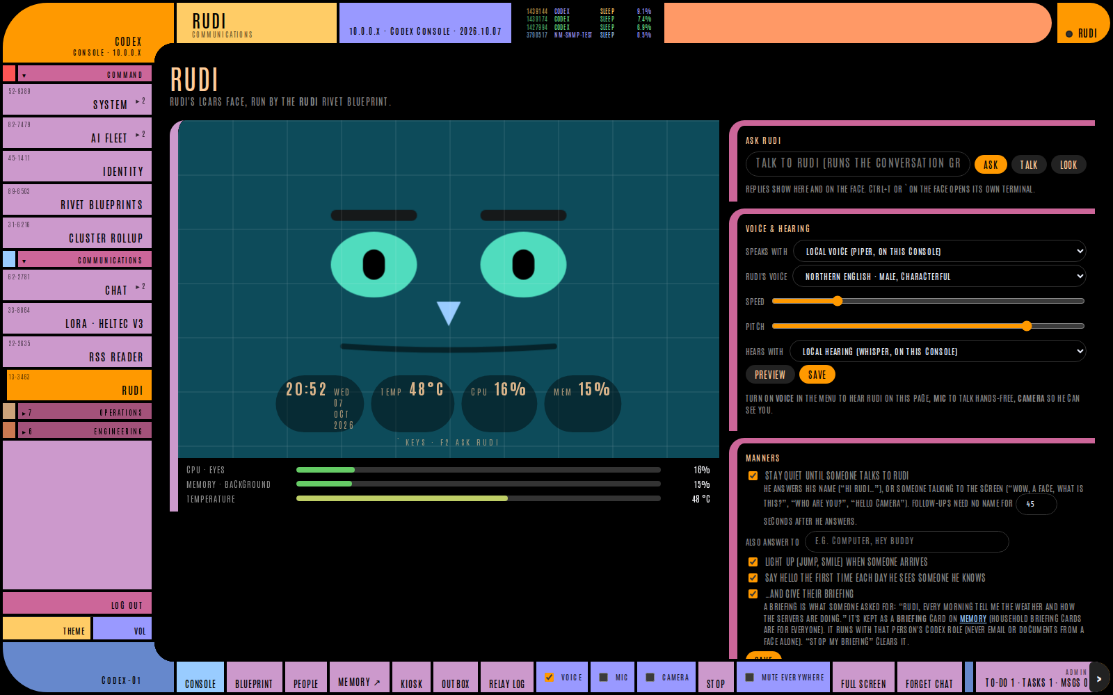 CODEX screenshot (website). Rudi: voice assistant with an animated LCARS face, local voice and hearing
