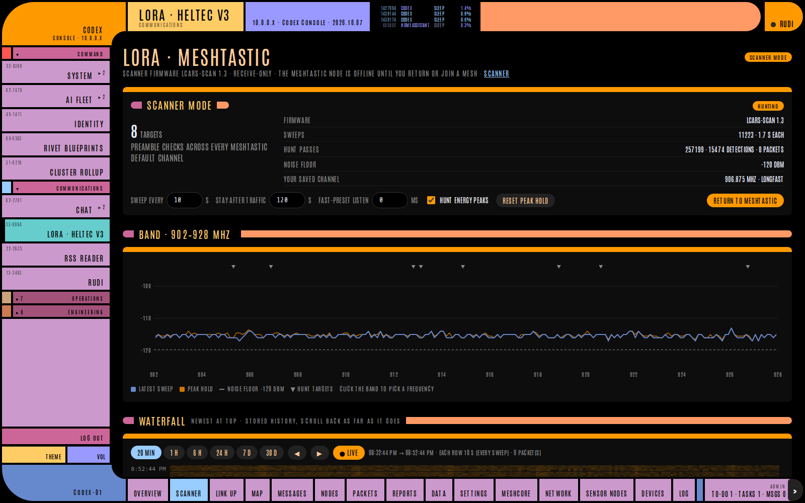 CODEX screenshot (website). LoRa mesh: radio scanner with band sweep and waterfall